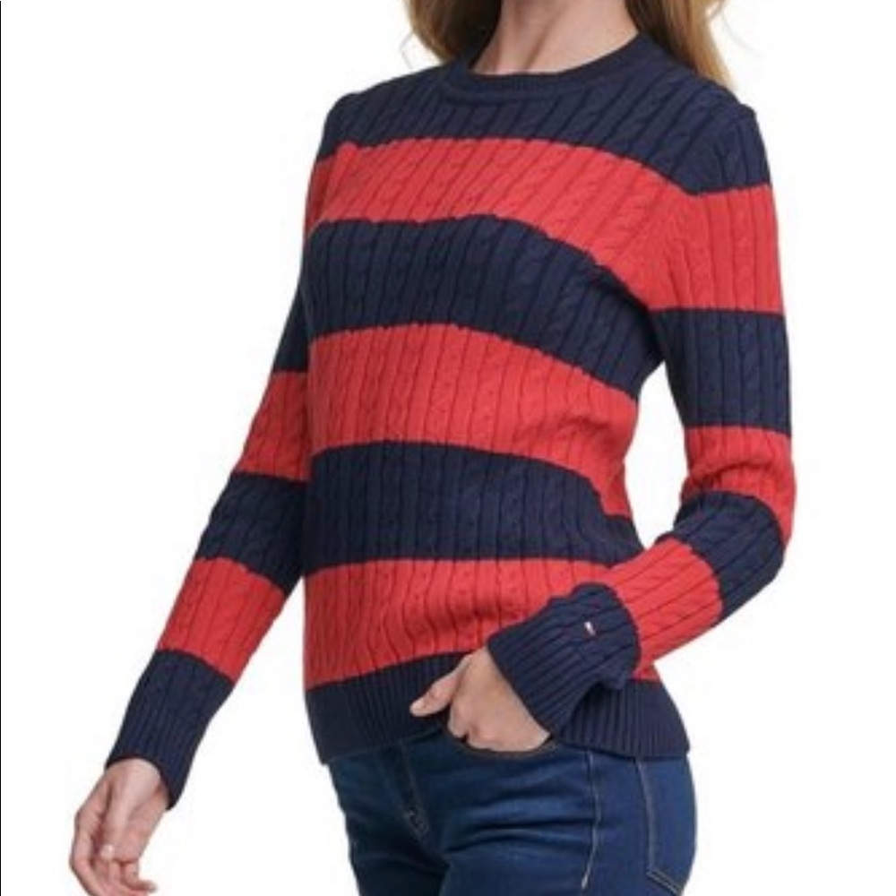 NWT Vintage Y2K Tommy Hilfiger Cate Red & Navy Striped Rugby Sweater Size Medium